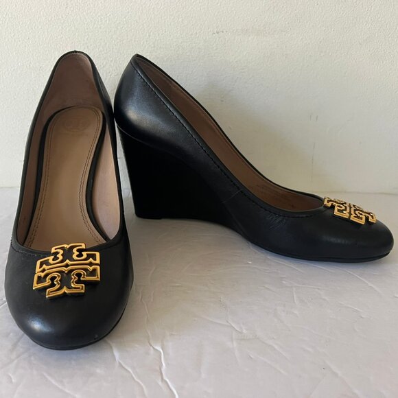 $288 TORY BURCH MELINDA WEDGE HEEL SHOES SIZE 10 BLACK - Picture 1 of 7